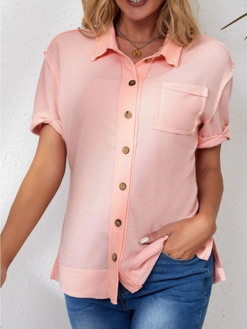 Women's Relaxed Button-Up Pocket Top - Pink/NWOT